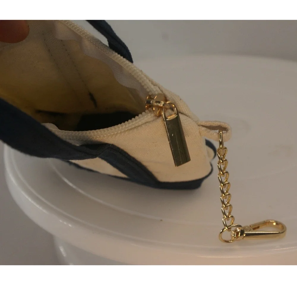 Stone &‎ Stitch Mini Canvas Tote Bag Keychain Pouch Cream Navy Blue Zippered